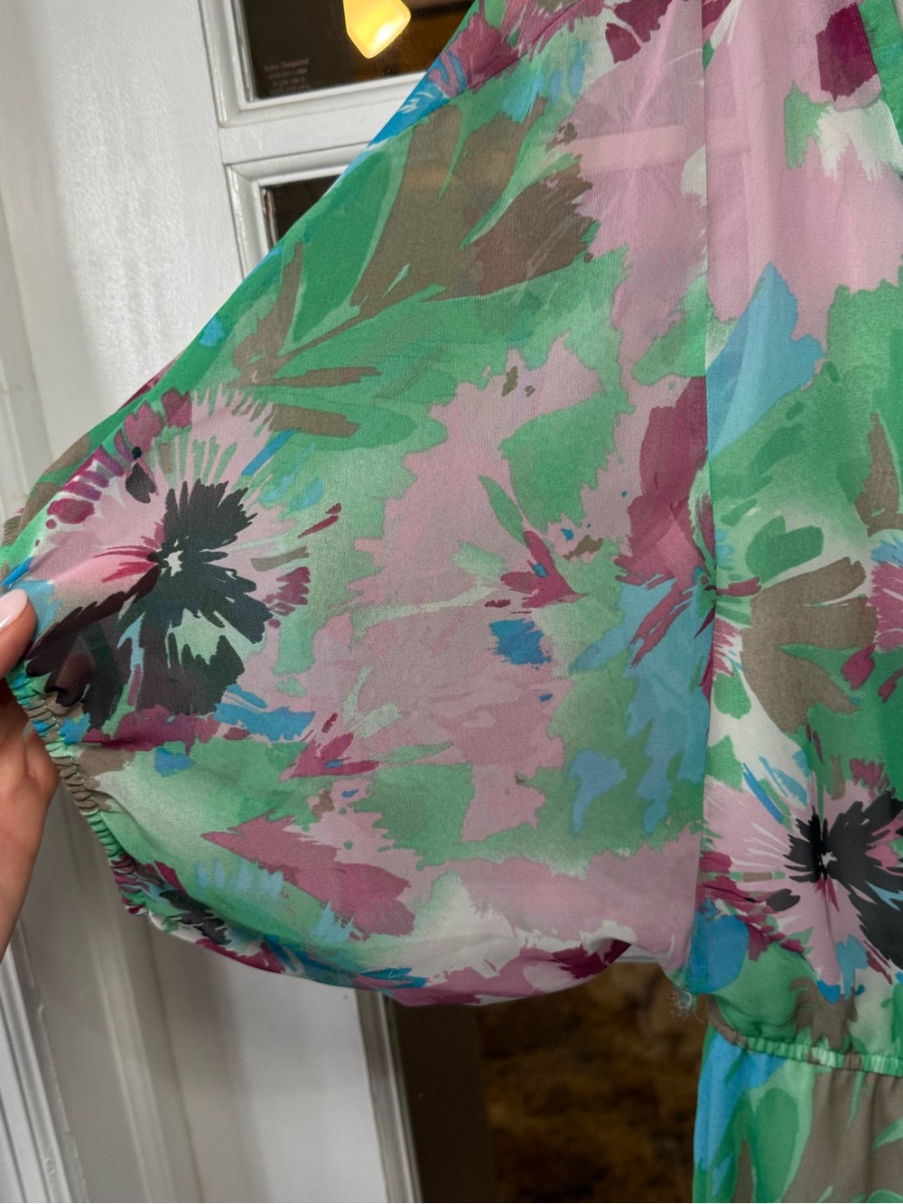 🌸🔹🍃 Floral V-Neck Floral Mini Dress in Pink, Green & Turquoise - Picture 4 of 5